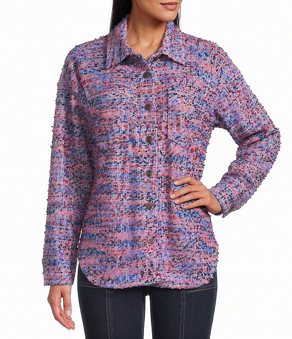 Multiples Woven Tweed Multi Print Point Collar Long Sleeve Button Front Shirt