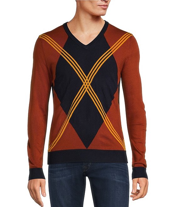 Color:Gold - Image 1 - Archive Collection Argyle V-Neck Sweater