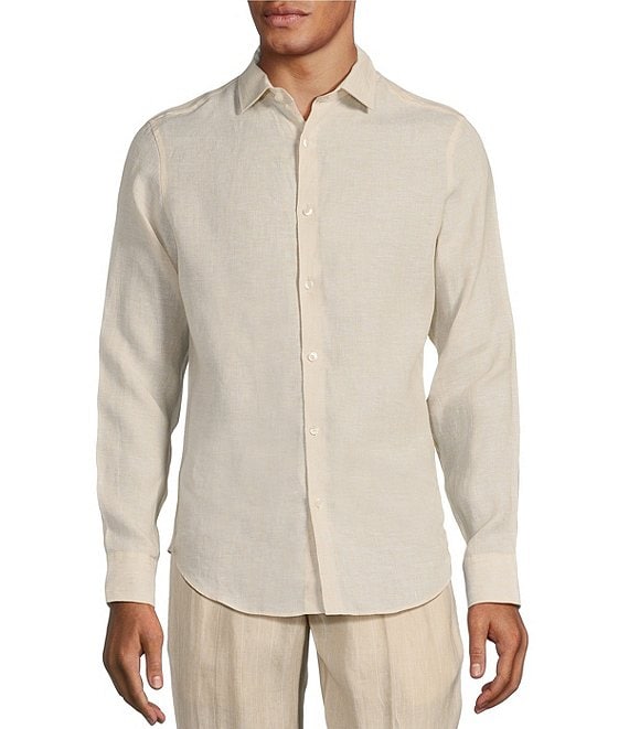 Murano Baird McNutt Linen Slim Fit Solid Long Sleeve Woven Shirt, Beige - Image 1