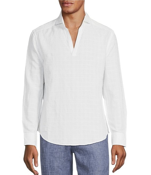 Murano Baird McNutt Linen Stripe Plaid Long-Sleeve Popover Shirt ...