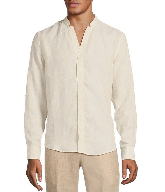 Murano Big & Tall Baird McNutt Linen Classic Fit Mandarin Collar Long Sleeve Woven Shirt, Ecru - Image 1