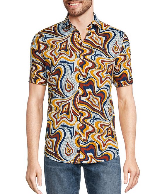 Murano Camp Disco Collection Slim Fit Swirl Print Short Sleeve Woven ...