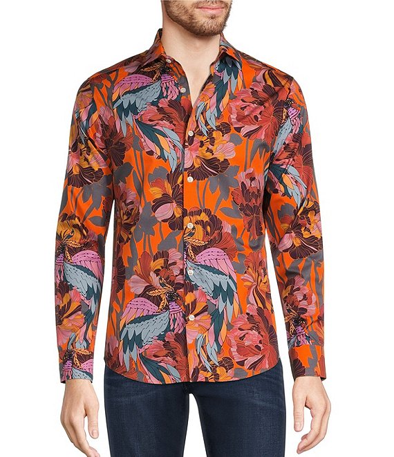 Murano Collezione Slim Fit Floral Bird Print Long Sleeve Woven Shirt ...