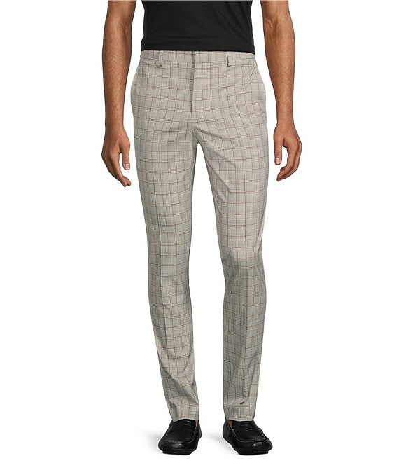 Murano Evan Extra Slim-Fit Flat Front Light Grey Plaid Dress Pants ...