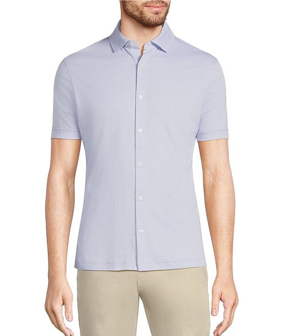 Murano Liquid Luxury Classic Fit Solid Coat Front Short Sleeve Woven Shirt, Lavender Blue - Image 1