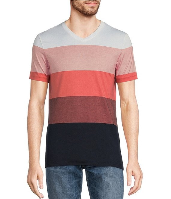 Murano Liquid Luxury Slim-Fit Striped Short-Sleeve V-Neck T-Shirt ...