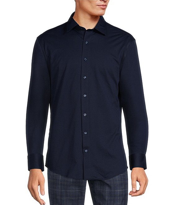 Color:Navy - Image 1 - Non-Iron Slim Fit Spread Collar Cool Max Knit Dress Shirt