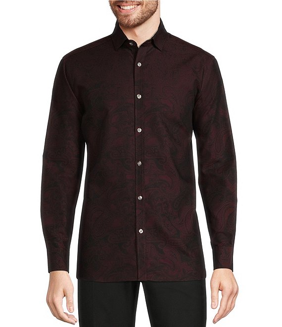 Color:Burgundy - Image 1 - Tonal Paisley Print Long-Sleeve Woven Shirt