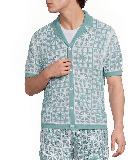 Murano Palm Springs Collection Palm Tree Crochet Short Sleeve Woven Camp Shirt