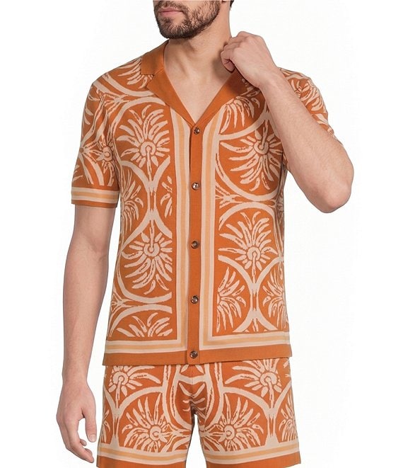 Murano Seville Collection Palm Print Jacquard Short Sleeve Button Front Shirt