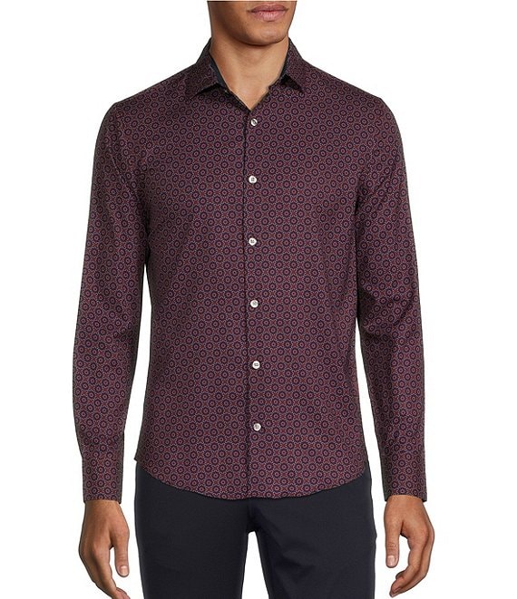 Color:Red - Image 1 - Slim-Fit Medallion Print Performance Stretch Long-Sleeve Woven Shirt