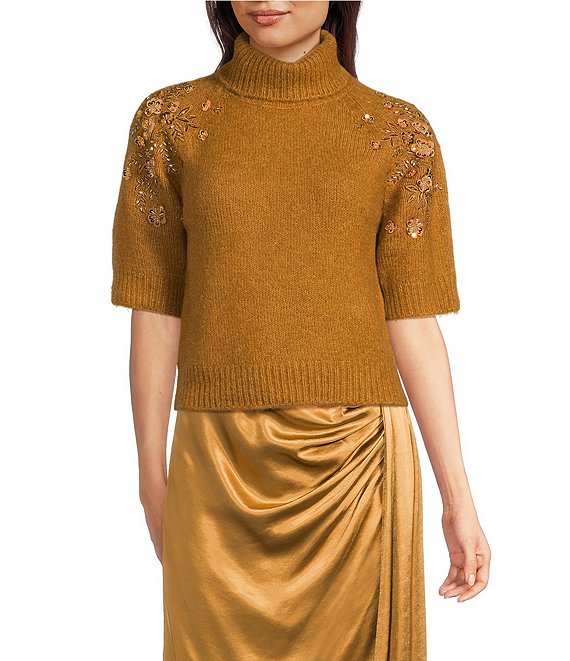 Marchesa Muse by Marchesa Idra Beaded Short Sleeve Turtleneck Knit Sweater, Mustard - Image 1