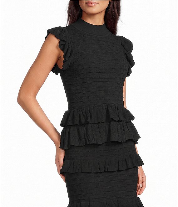Muse by Marchesa Pointelle Ruffle Mock Neck Blouse