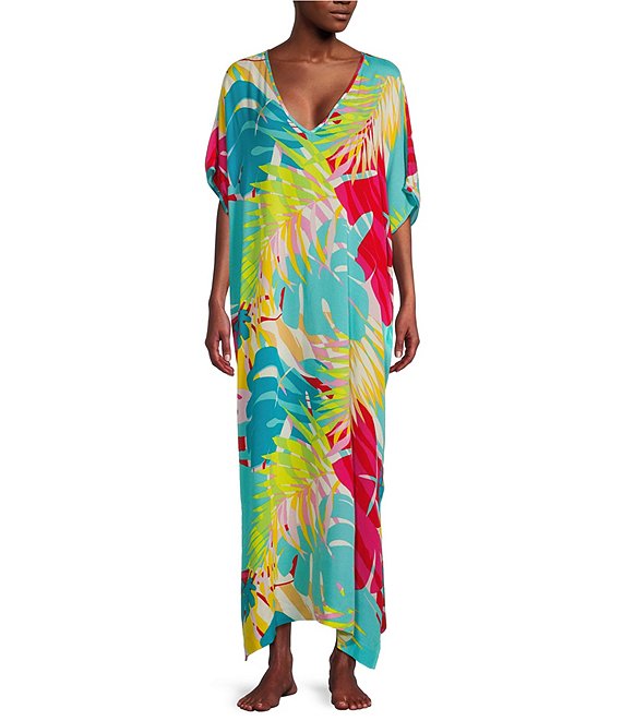 N by Natori Crinkled Abstract Print Short Sleeve V-Neck Caftan | Dillard's