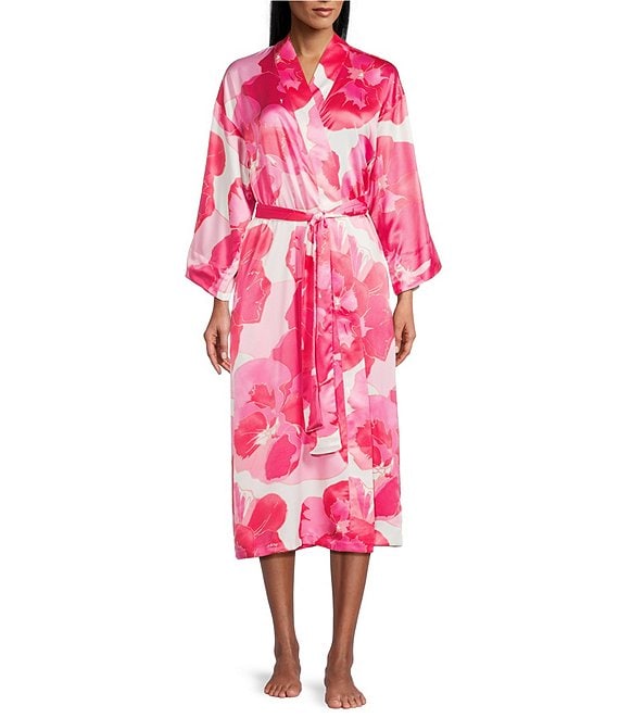 N by Natori Floria Floral Print Long Sleeve Shawl Collar Satin Coordinating Robe