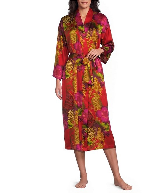N by Natori Harvest Floral Print Long Sleeve Shawl Collar Satin Coordinating Robe