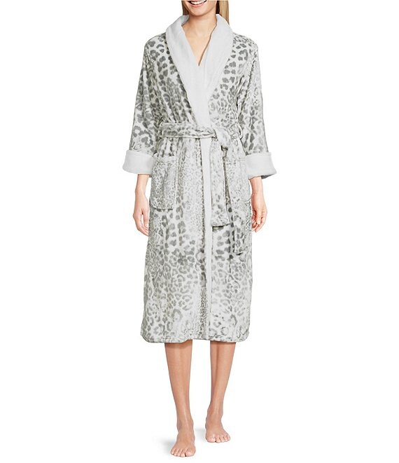 Color:Silver White - Image 1 - N by Natori Leopard Print Long Sleeve Shawl Collar Fleece Robe