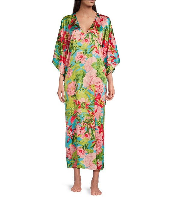 N by Natori Satin Enchanted Peony V-Neck Butterfly Caftan | Dillard's