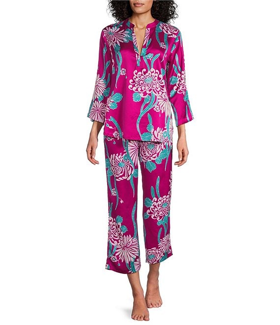 N by Natori Satin Floral Print Long Sleeve Mandarin Collar Pajama 