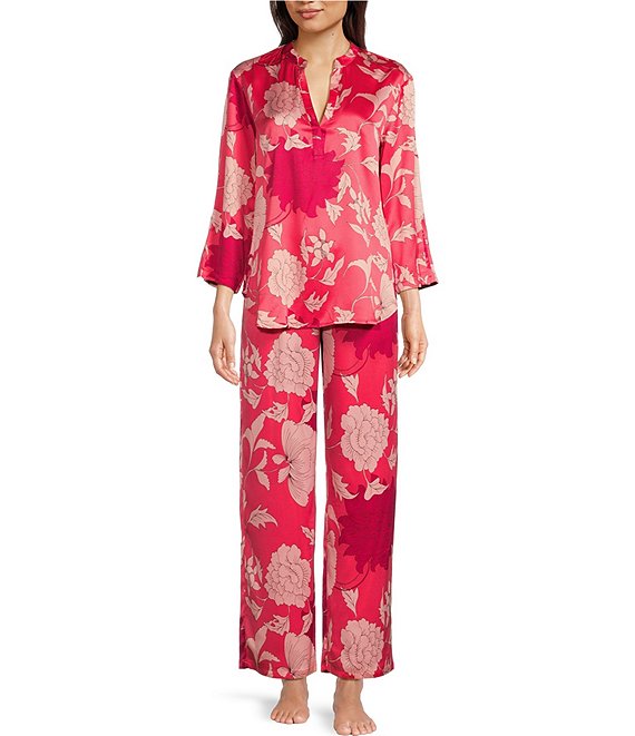 N by Natori Satin Floral Print Long Sleeve Pajama Set | Dillard's