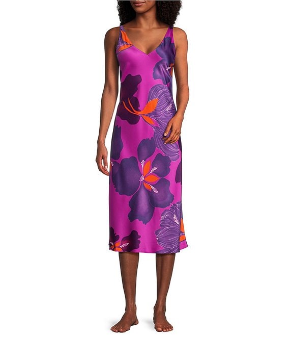 N by Natori Satin Majestic Orchid Floral Print Sleeveless V-Neck ...