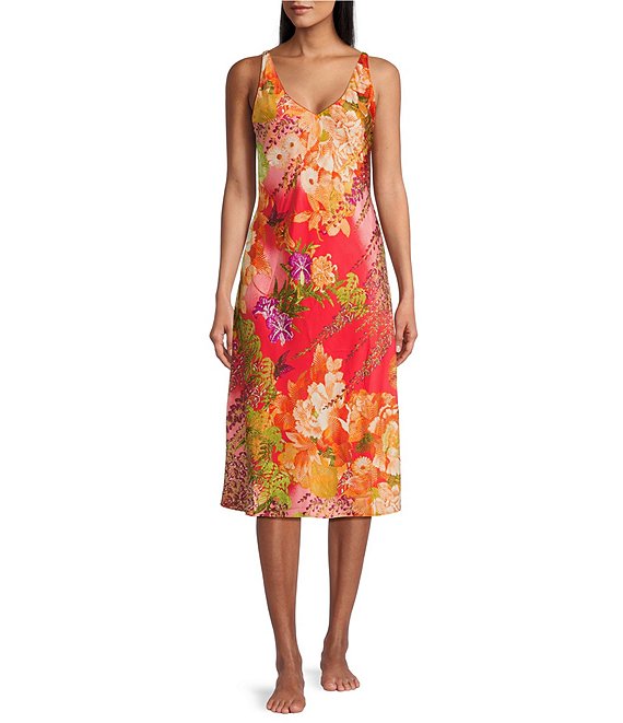 N by Natori Sleeveless V-Neck Satin Wisteria Garden Print 