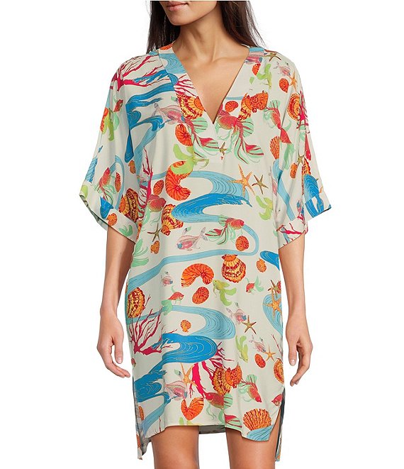 N by Natori Woven Short Sleeve V-Neck Reef Print Nightshirt | Dillard's