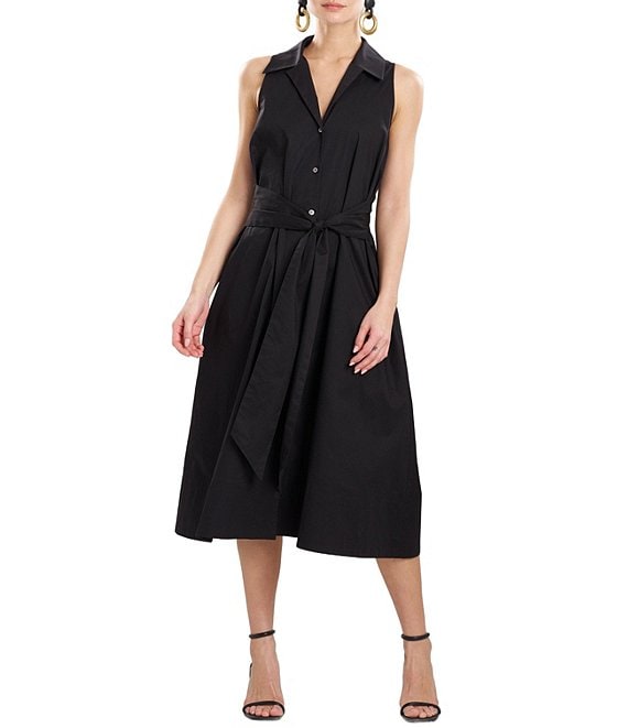 Color:Black - Image 1 - Collared V-Neck Sleeveless Belted Cotton Poplin A-Line Midi Shirt Dress