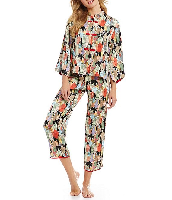 Color:Black/Multi - Image 1 - Dynasty Crowded City Satin Coordinating Pajama Set