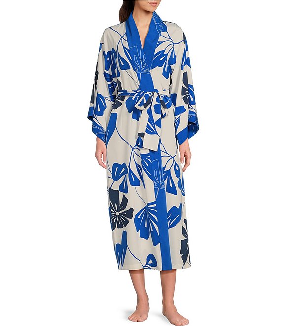 Natori Satin Palm Print Long Sleeve Shawl Collar Coordinating Long Wrap ...