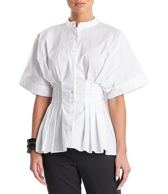 Natori Solid Cotton Poplin Stand Collar Short Sleeve Peplum Pleated Empire  Waist Shirt | Dillard\'s