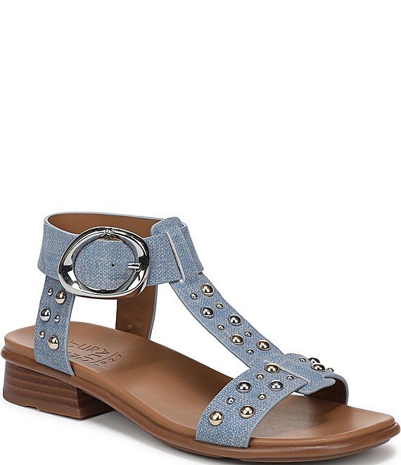 Naturalizer Brandy Studded Denim Big Buckle Hardware T-Strap Ankle Wrap Sandals
