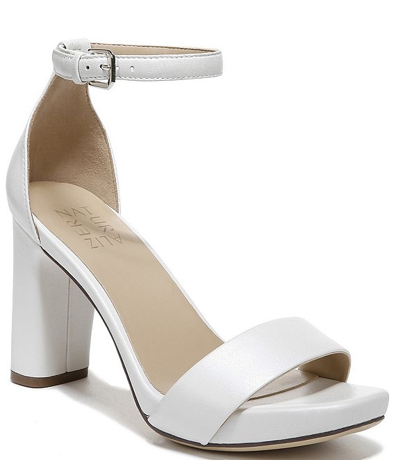 Color:White - Image 1 - Joy Ankle Strap Leather Square Toe Block Heel Dress Sandals