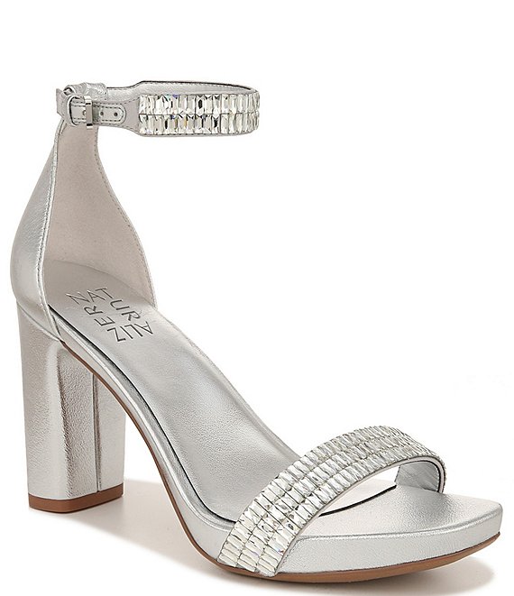 Color:Silver - Image 1 - Joy-Sparkle Ankle Strap Metallic Block Heel Dress Sandals