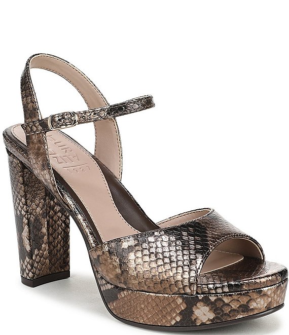 Naturalizer Marigold Metallic Snake Print Leather Ankle Strap Platform Block Heel Sandals