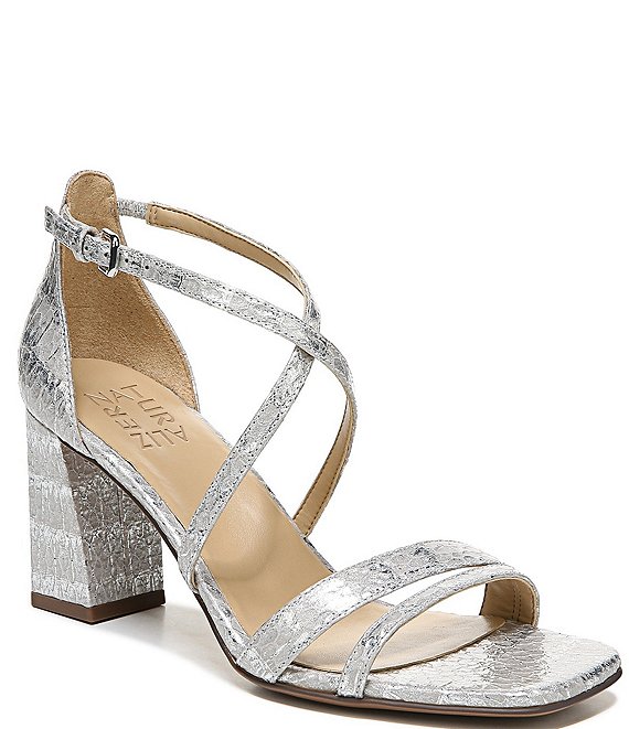 Color:Pearl - Image 1 - Tiff Strappy Snake Print Metallic Leather Square Toe Block Dress Sandals