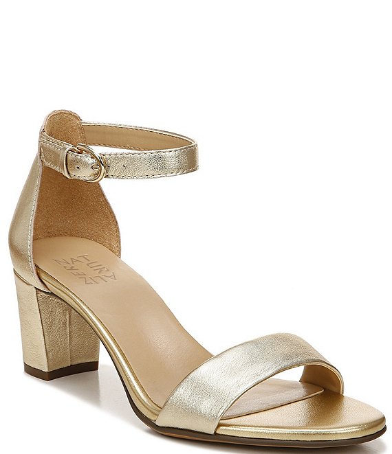 Color:Dark Gold - Image 1 - Vera Leather Ankle Strap Block Heel Detail Dress Sandals