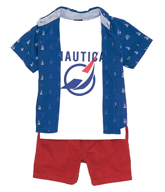 Color:Blue - Image 1 - Baby Boys 12-24 Months Short Sleeve Printed Button Front Shirt, Short Sleeve Logo Jersey Tee, & Twill Shorts Set