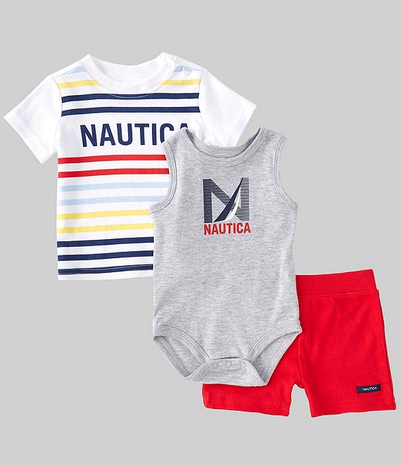 Nautica Baby Boys Newborn-9 Months Sleeveless Bodysuit, Striped Wordmark Tee, & Solid Shorts Set