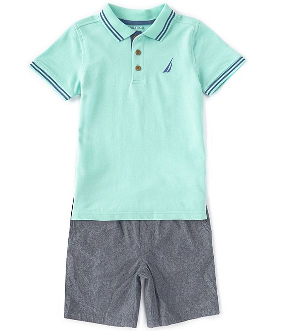 Color:Teal - Image 1 - Little Boys 2T-4T Short-Sleeve Pique Polo Shirt & Chambray Shorts Set
