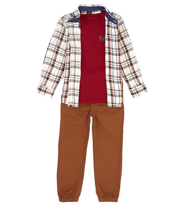 Nautica Little Boys 2T-7 Long Sleeve Plaid Button-Up Woven Shirt, Short  Sleeve Knit Red T-Shirt & Twill Jogger Pants Set