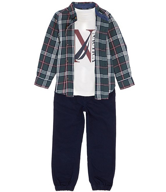 Nautica Little Boys 2T-7 Long Sleeve Plaid Button-Up Woven Shirt, Short  Sleeve Knit White T-Shirt & Twill Jogger Pants Set