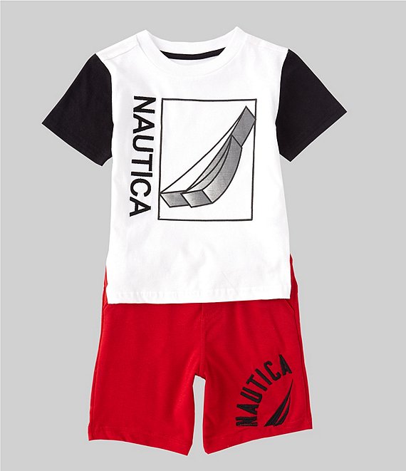 Color:White - Image 1 - Little Boys 4-7 Short-Sleeve Color Block Logo Graphic Tee & Solid Logo-Detailed French Terry Shorts Set