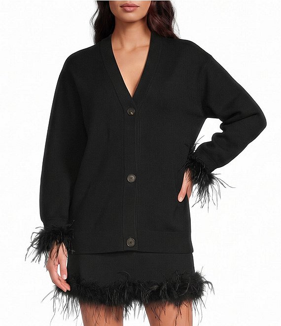 Never Fully Dressed Black Feather Martha V-Neck Long Sleeve Button Front Cardigan