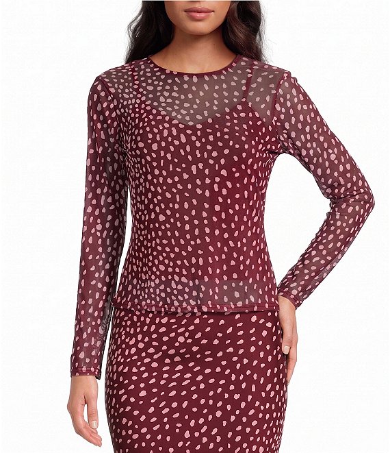 Never Fully Dressed Burgundy Deer Printed Round Neck Long Sleeve Mesh Coordinating Top