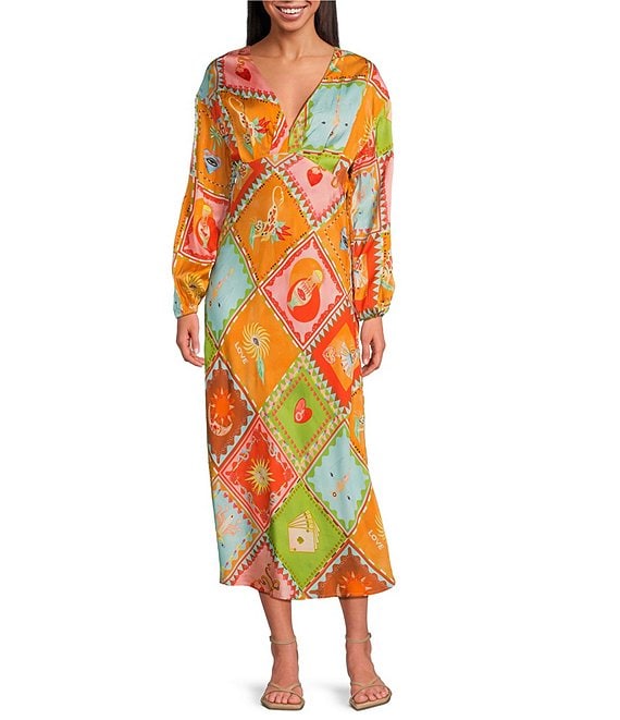 Never Fully Dressed Emma Soller Multicolored Print V-Neck Long Sleeve Midi Dress, Multi - Image 1