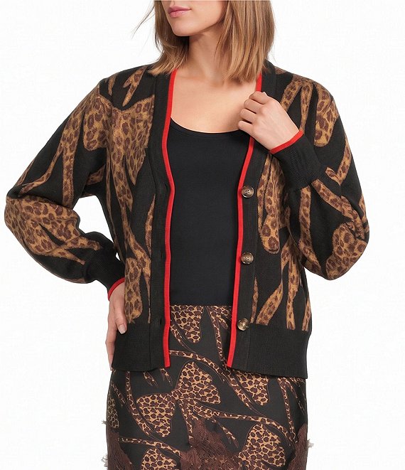 Never Fully Dressed Leopard Bow Printed V-Neck Long Sleeve Cardigan