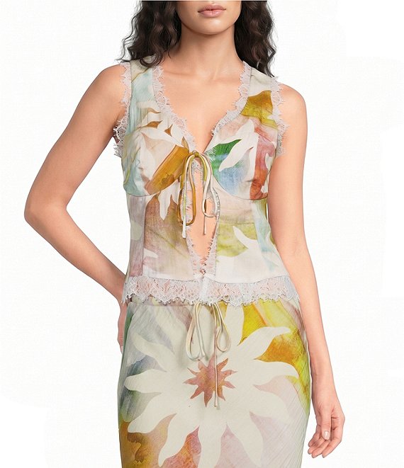 Never Fully Dressed Maisie Abstract Soleil V-Neck Sleeveless Lace Trim Tie Front Coordinating Top