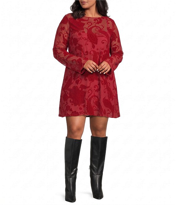 Never Fully Dressed Plus Size Aria Flocked Paisley Printed Round Neck Long Sleeve Mesh Mini Dress