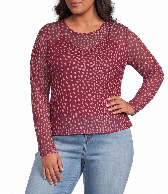 Never Fully Dressed Plus Size Burgundy Deer Printed Round Neck Long Sleeve Mesh Top